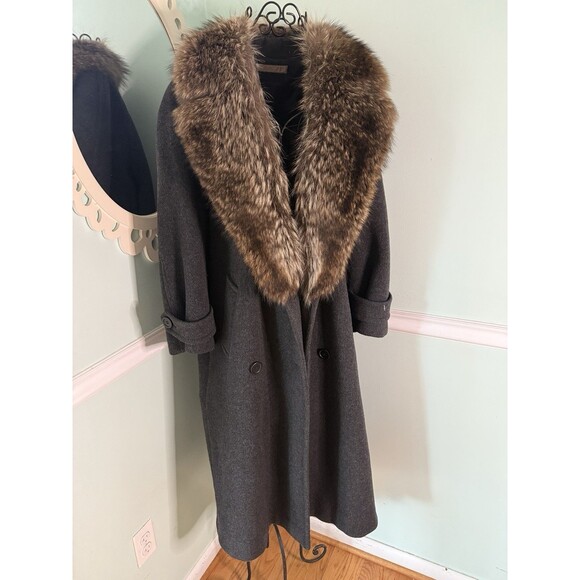 VTG Women's Perry Ellis Gray Wool Raccoon Collar Coat sz 8 Long Button Front - Picture 1 of 4